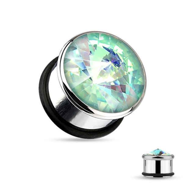 Kristall Plug - Stahlfassung - Spitz - Aqua Crystal - Single Flare