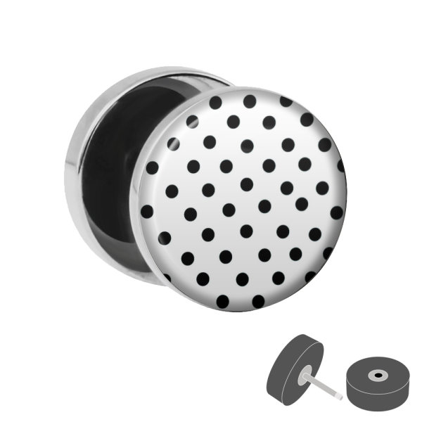 Silberner Fake Plug - Polka Dots Weiß - Motiv Ohrstecker